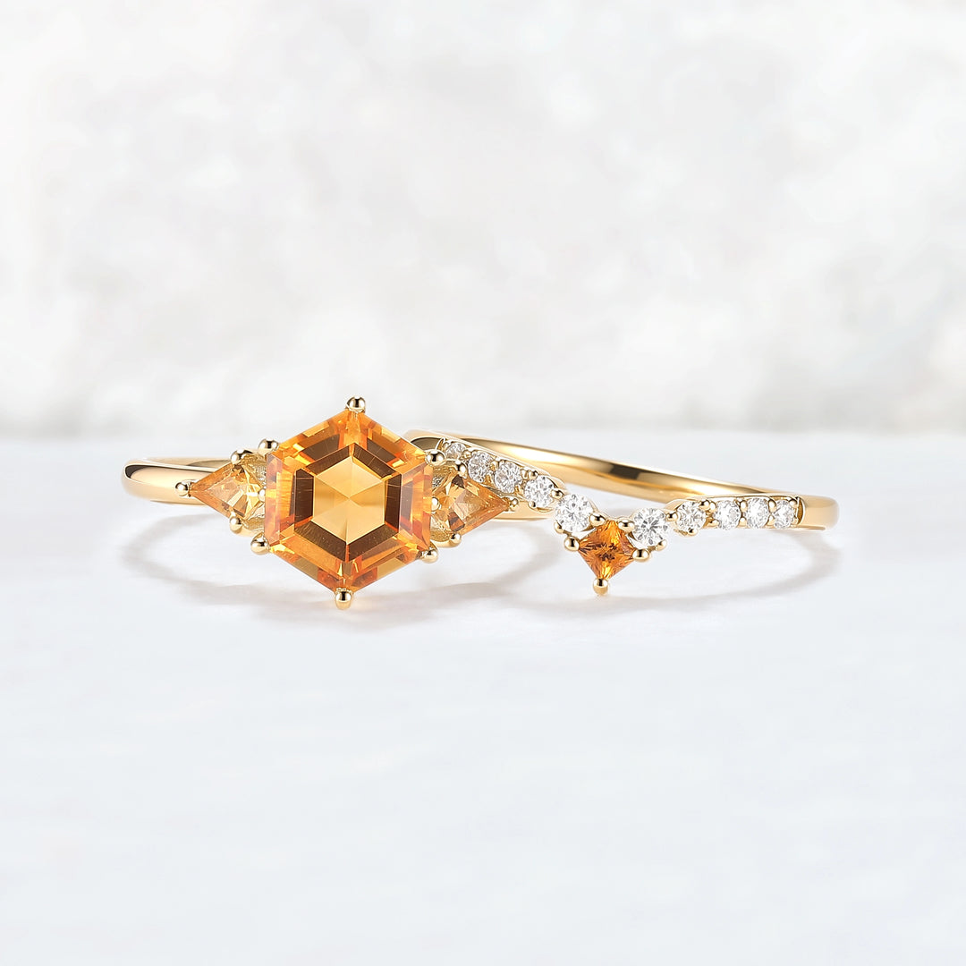 Hexagon Cut Citrine Three Stones Gemstone Ring Set 2pcs