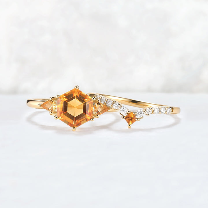 Hexagon Cut Citrine Three Stones Gemstone Ring Set 2pcs