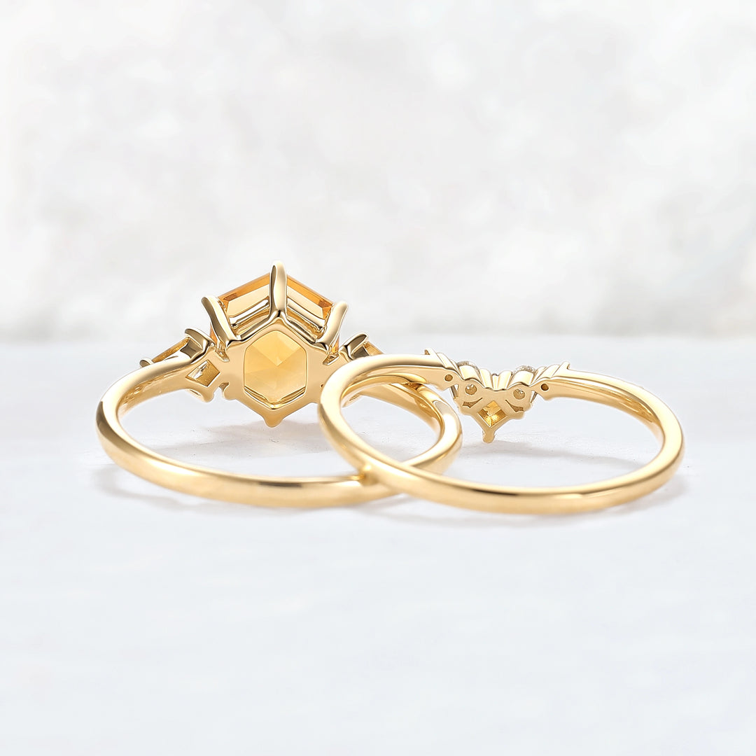 Hexagon Cut Citrine Three Stones Gemstone Ring Set 2pcs