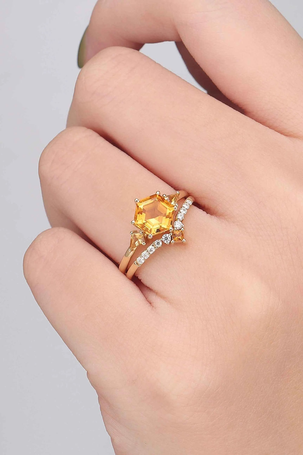 Hexagon Cut Citrine Three Stones Gemstone Ring Set 2pcs