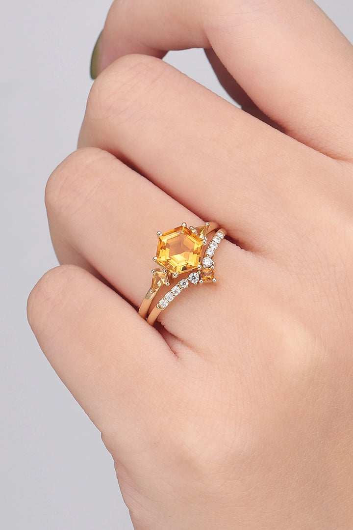 Hexagon Cut Citrine Three Stones Gemstone Ring Set 2pcs