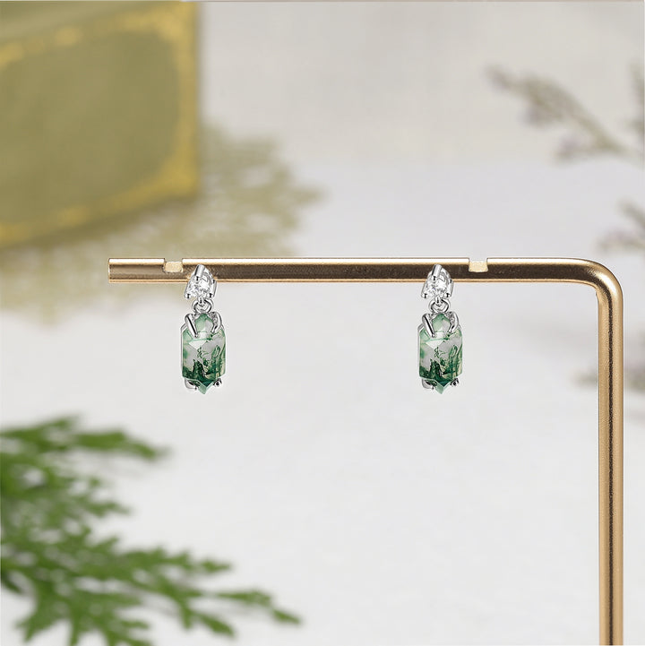 Hexagon Cut Moss Agate Earrings Anniversary Gift for Her