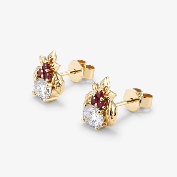 Holly Leafy Inspired Oval Cut Moissanite with Ruby Earrings