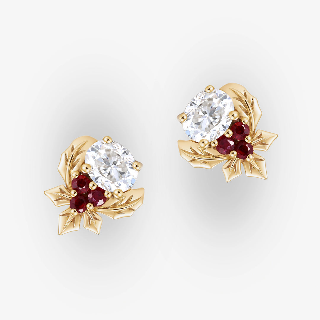 Holly Leafy Inspired Oval Cut Moissanite with Ruby Earrings