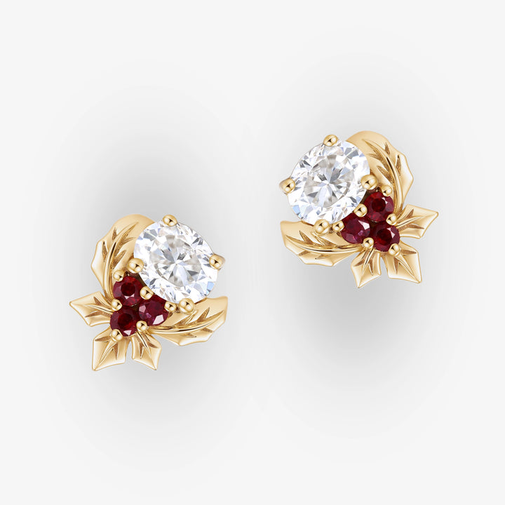 Holly Leafy Inspired Oval Cut Moissanite with Ruby Earrings