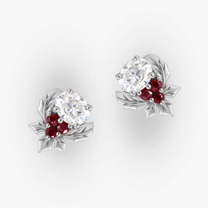 Holly Leafy Inspired Oval Cut Moissanite with Ruby Earrings