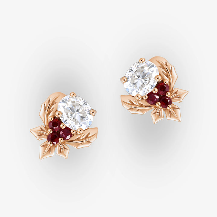Holly Leafy Inspired Oval Cut Moissanite with Ruby Earrings