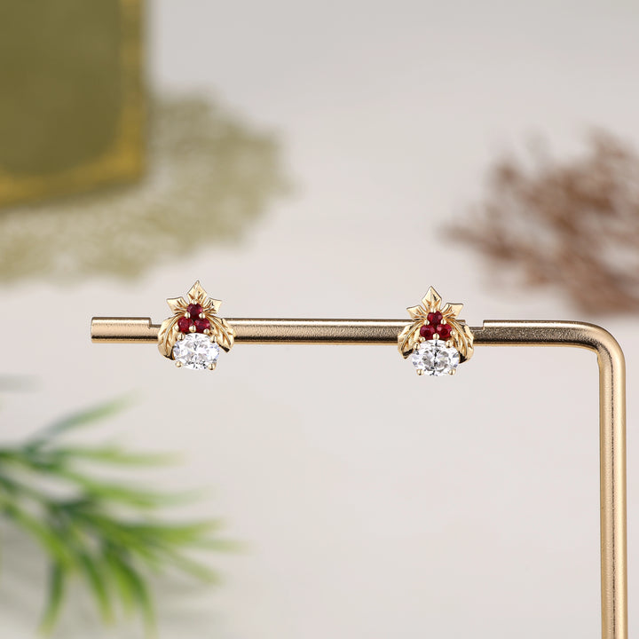 Holly Leafy Inspired Oval Cut Moissanite with Ruby Earrings