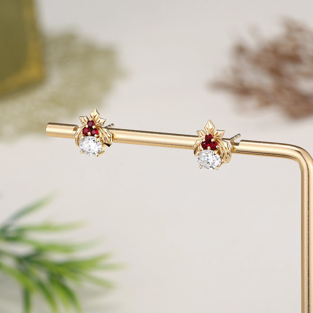 Holly Leafy Inspired Oval Cut Moissanite with Ruby Earrings