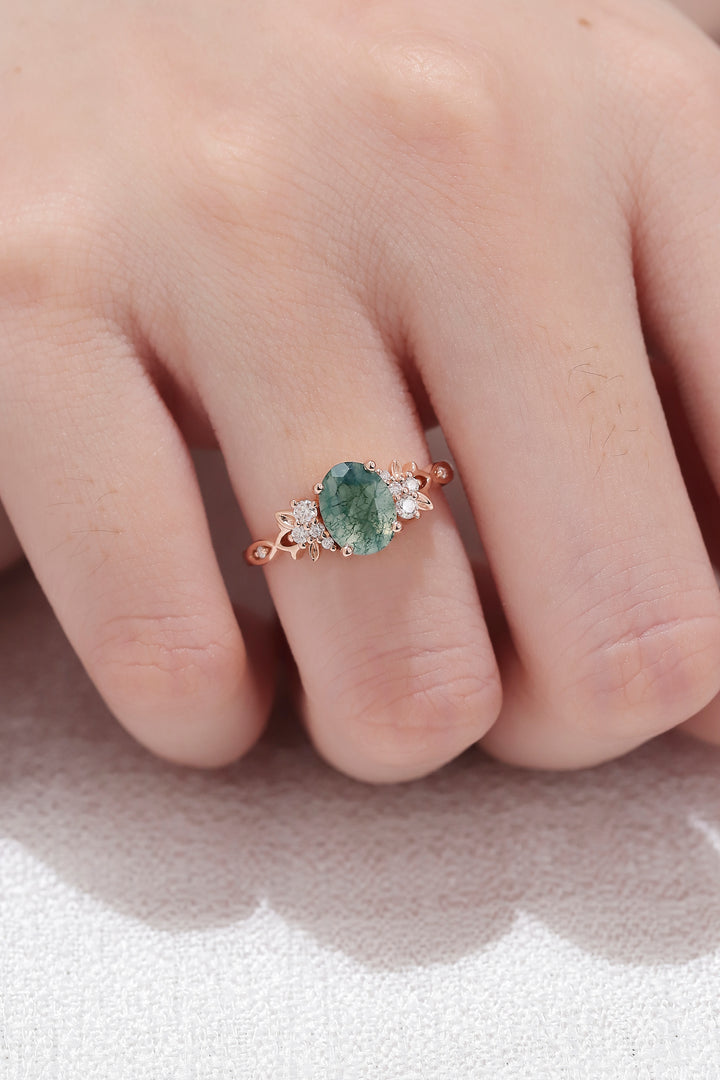 Nature Inspired Oval Cut Moss Agate Leaf Engagement Ring