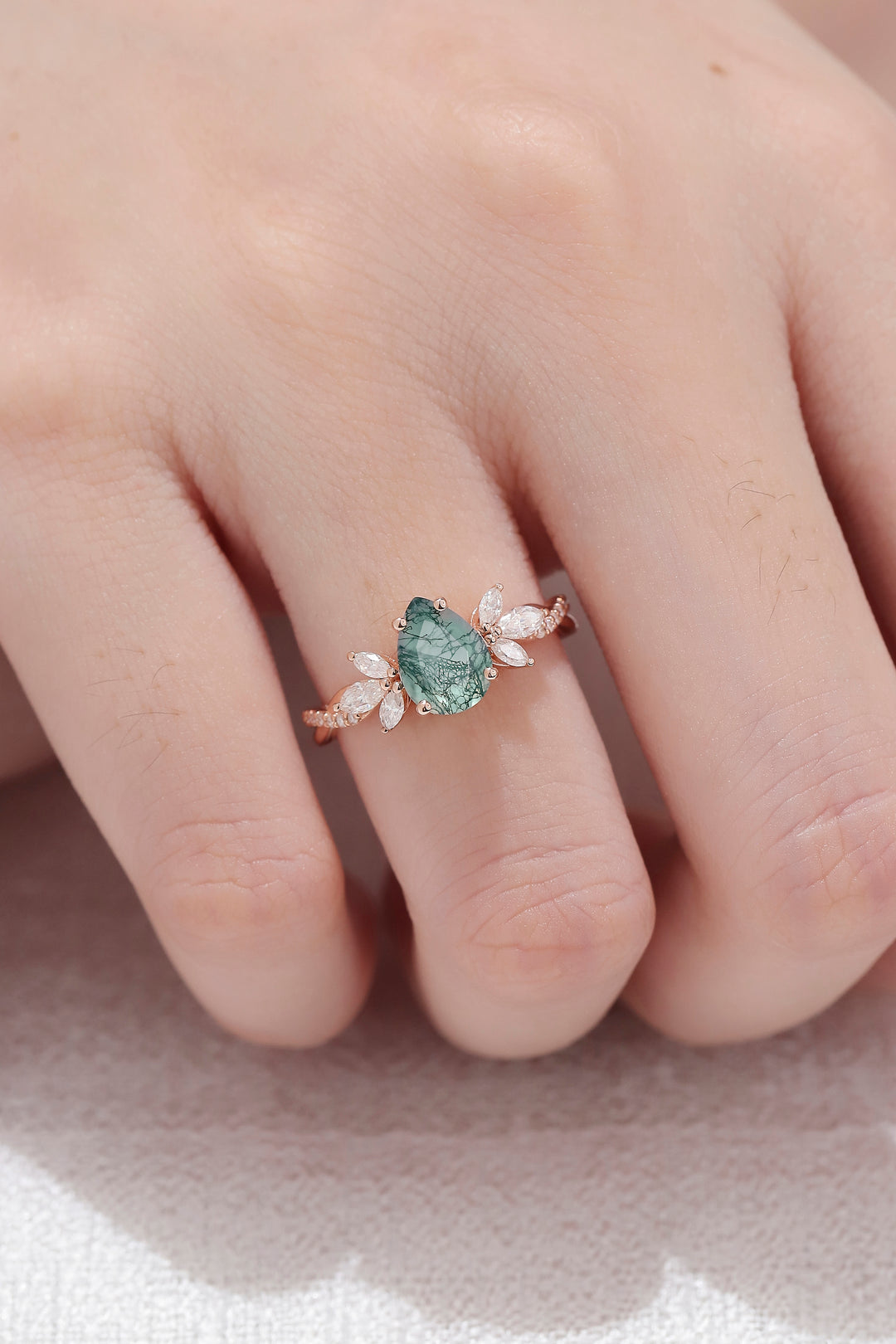 Unique Pear Shaped Moss Agate Vine Art Decor Bridal Ring