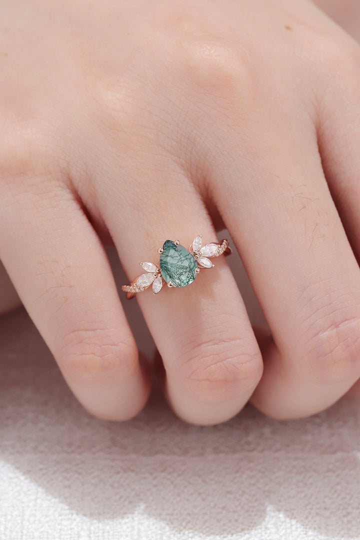 Unique Pear Shaped Moss Agate Vine Art Decor Bridal Ring