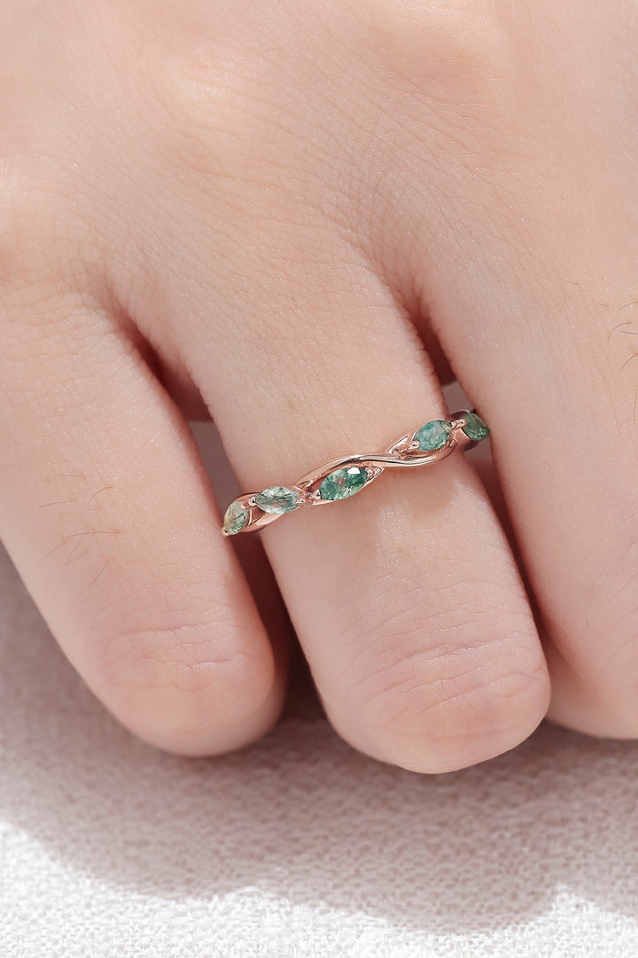 Nature Moss Agate Braidal Stack 14K Rose Gold Bridal Ring