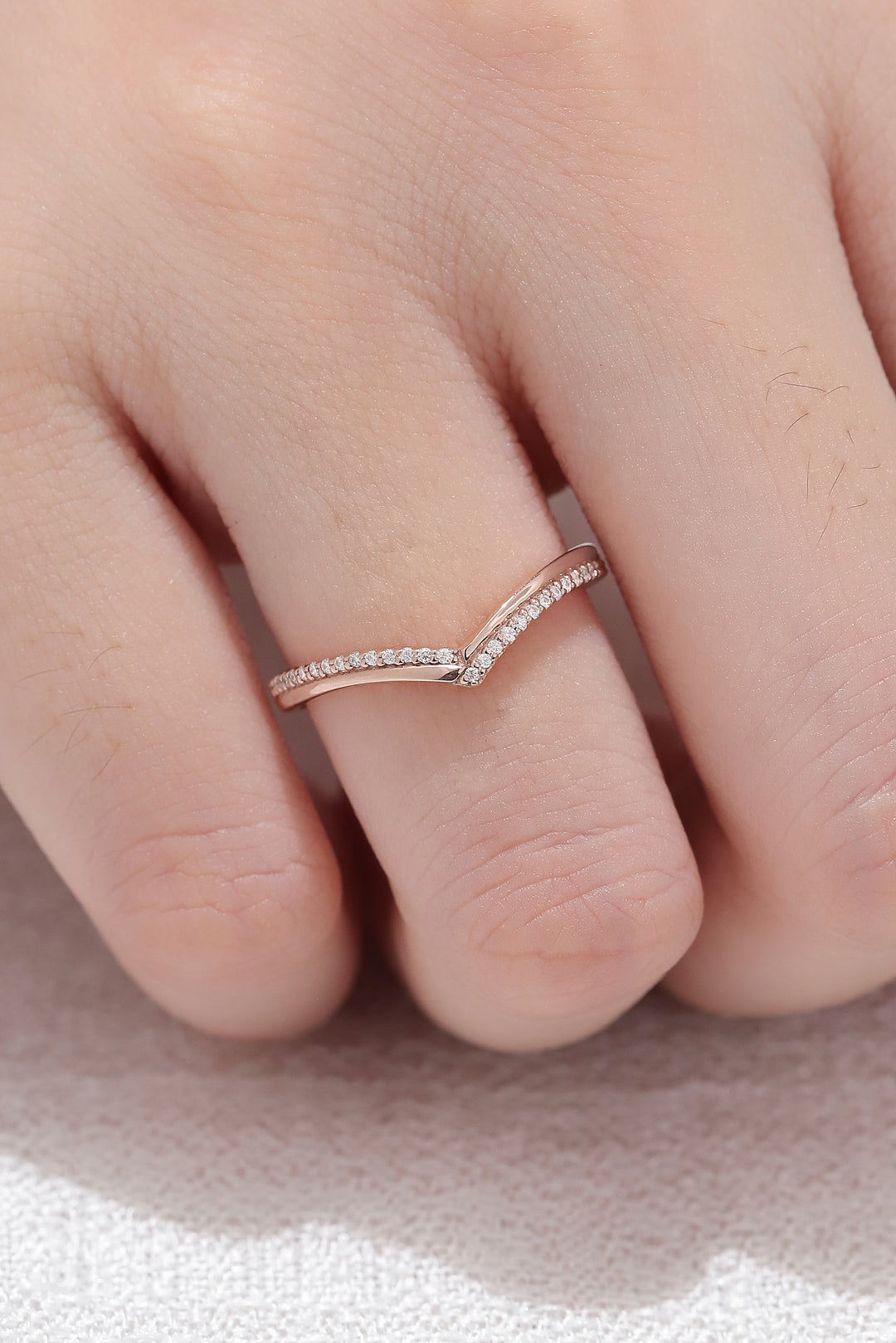 Chevron Moissanite 14k Rose Gold Wedding Band