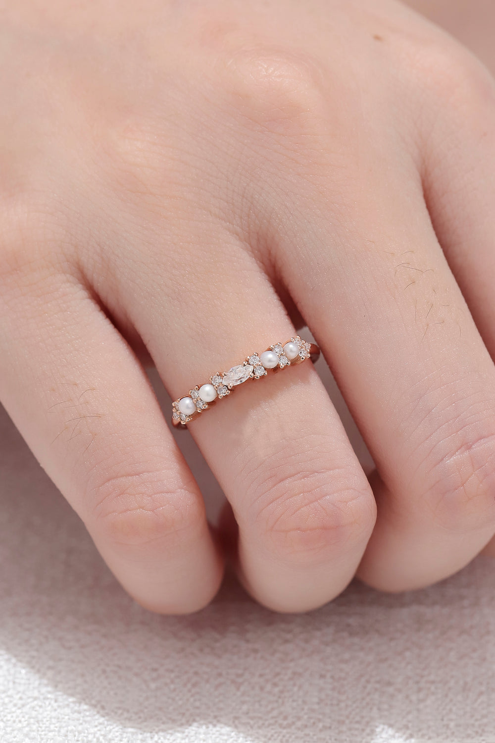 Minimalist Dainty Pearl Moissanite Half Eternity Stacking Bridal Ring