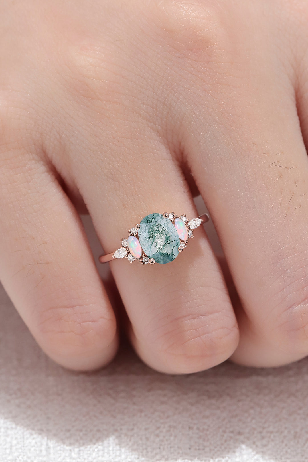 Unique Oval Shaped Moss Agate Cluster Engagement Ring