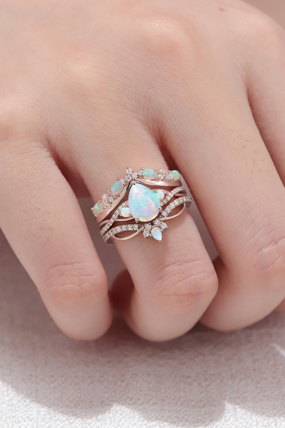 Unique Pear Cut Opal Vine Engagement Ring Set 3pcs