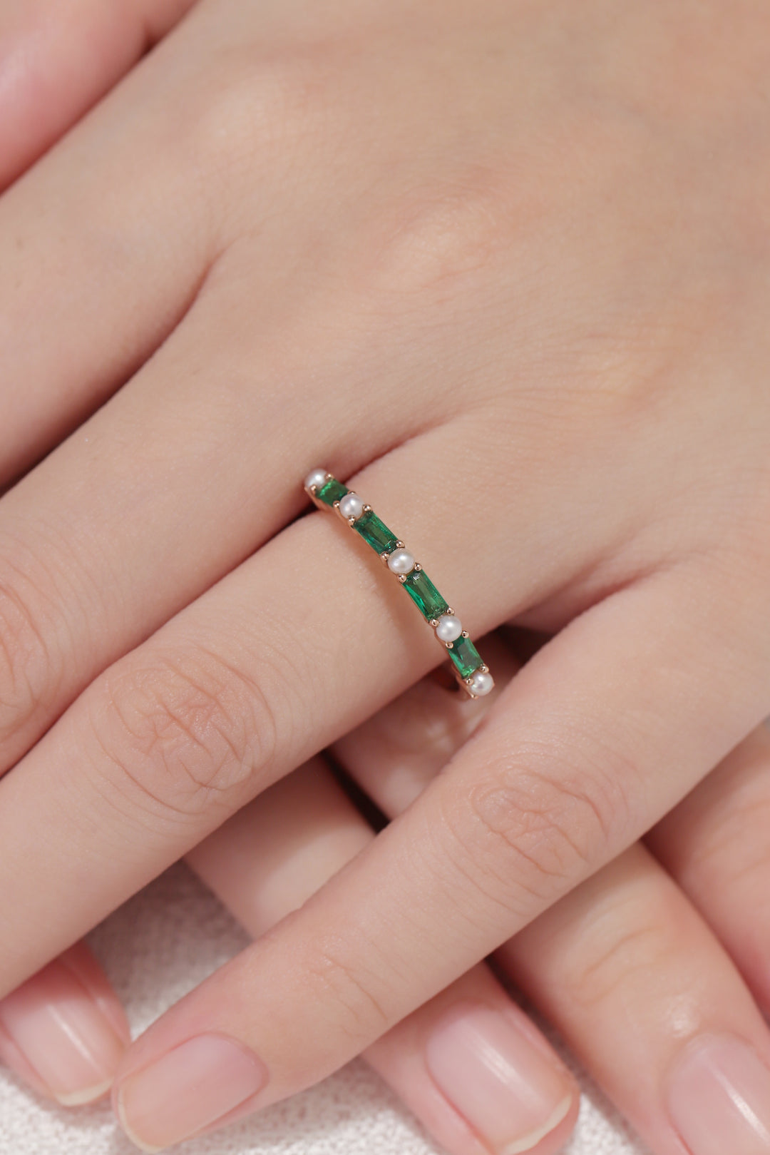 Marquise Cut Cornflower Sapphire Pearl Half Eternity Ring