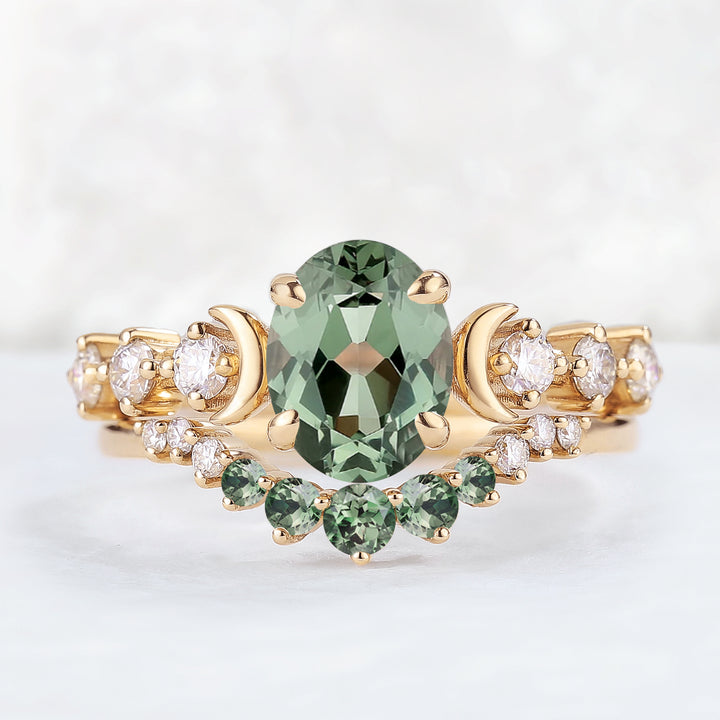 IverJewelry Oval Green Sapphire Moon Seven Stone Gemstone Ring Set 2pcs