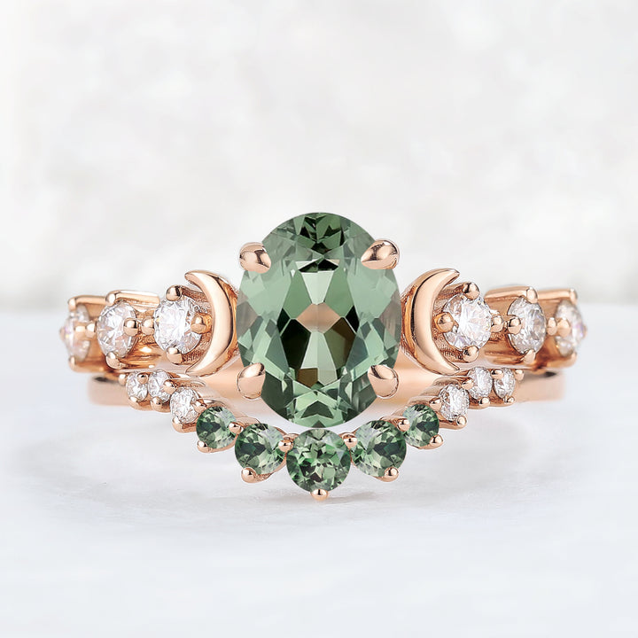 IverJewelry Oval Green Sapphire Moon Seven Stone Gemstone Ring Set 2pcs