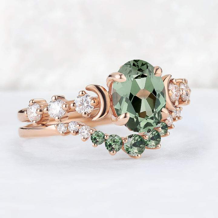 IverJewelry Oval Green Sapphire Moon Seven Stone Gemstone Ring Set 2pcs