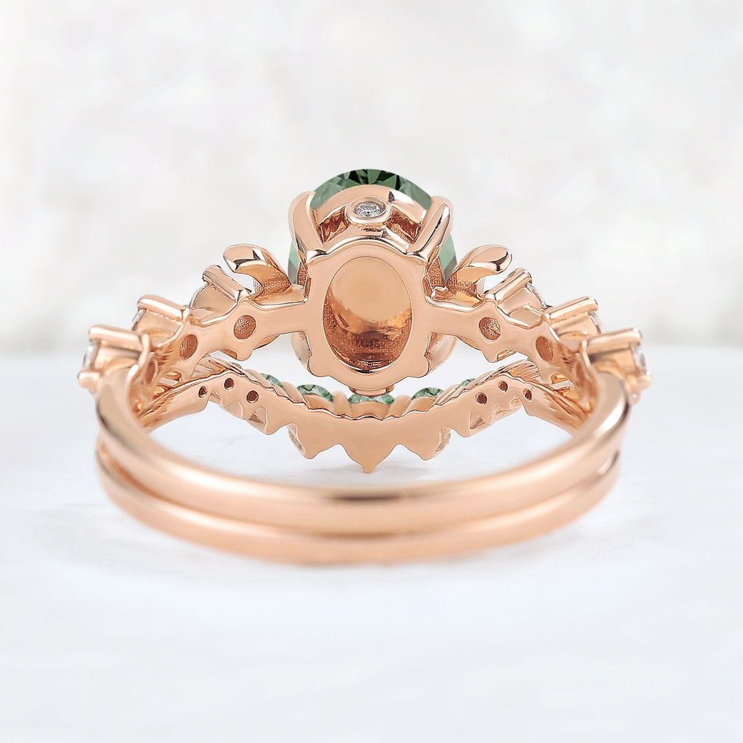 IverJewelry Oval Green Sapphire Moon Seven Stone Gemstone Ring Set 2pcs