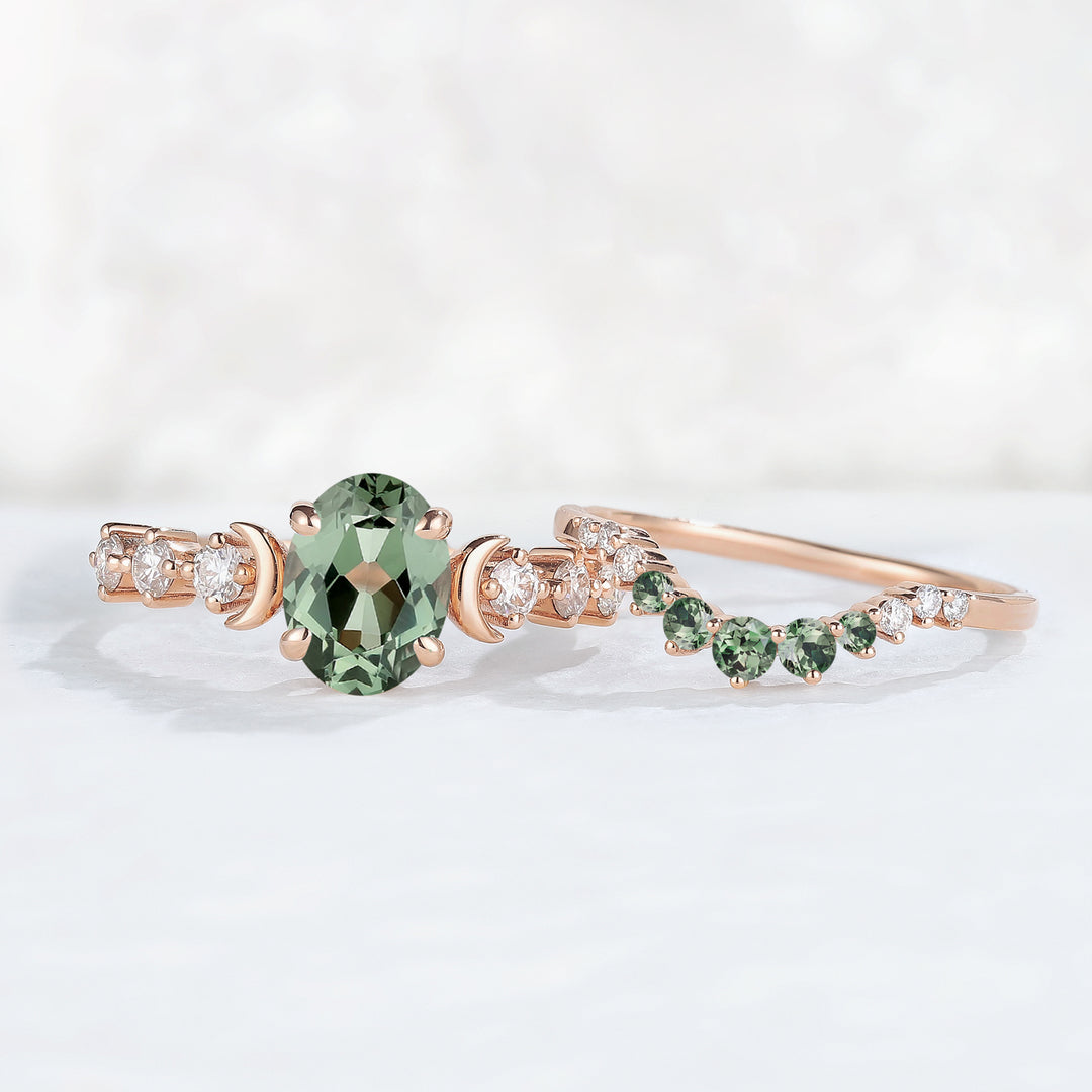 IverJewelry Oval Green Sapphire Moon Seven Stone Gemstone Ring Set 2pcs