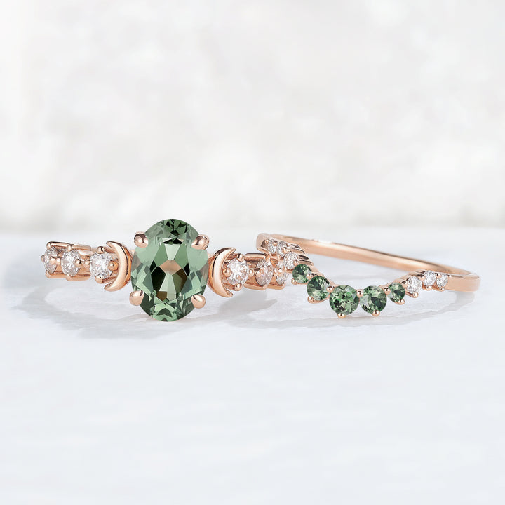 IverJewelry Oval Green Sapphire Moon Seven Stone Gemstone Ring Set 2pcs