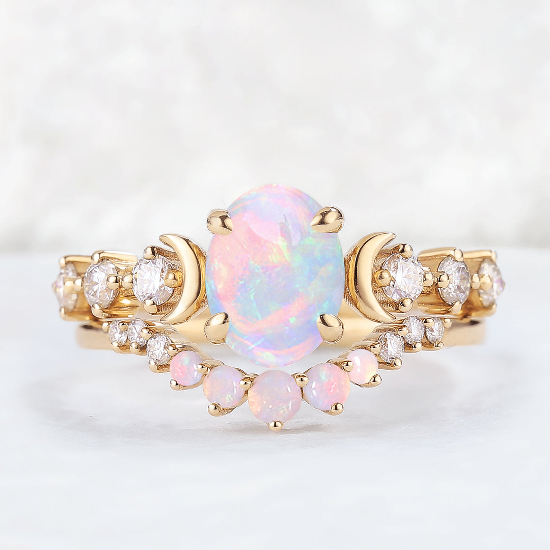 IverJewelry Oval Opal Moon Seven Stone Gemstone Ring Set 2pcs