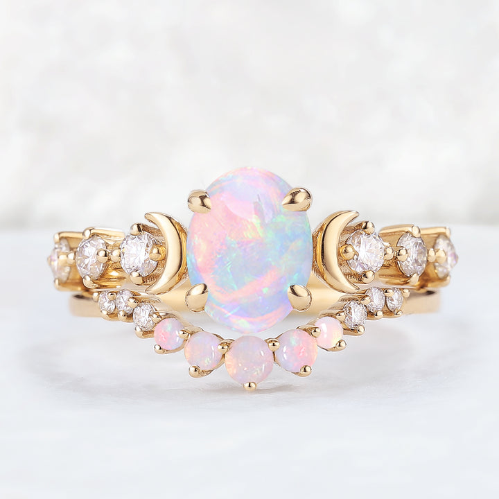 IverJewelry Oval Opal Moon Seven Stone Gemstone Ring Set 2pcs