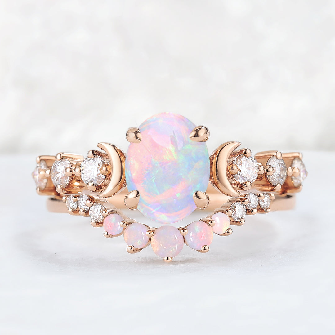 IverJewelry Oval Opal Moon Seven Stone Gemstone Ring Set 2pcs