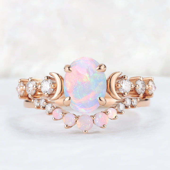 IverJewelry Oval Opal Moon Seven Stone Gemstone Ring Set 2pcs