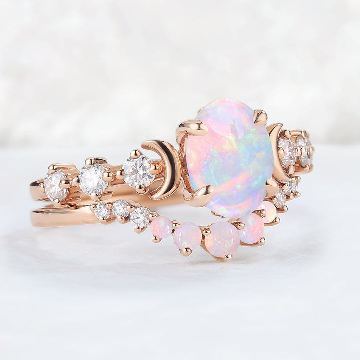 IverJewelry Oval Opal Moon Seven Stone Gemstone Ring Set 2pcs