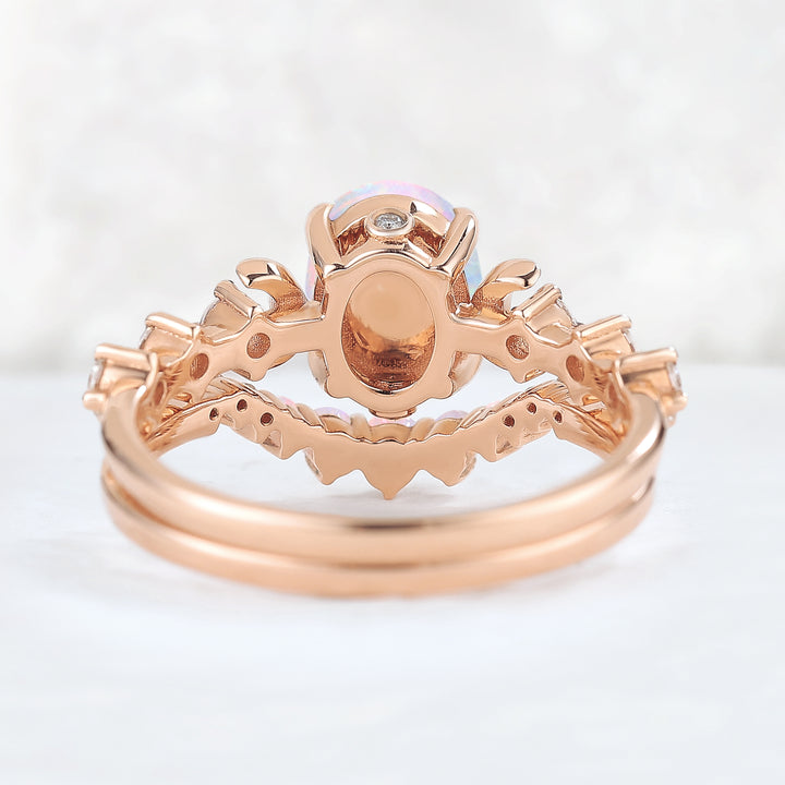 IverJewelry Oval Opal Moon Seven Stone Gemstone Ring Set 2pcs