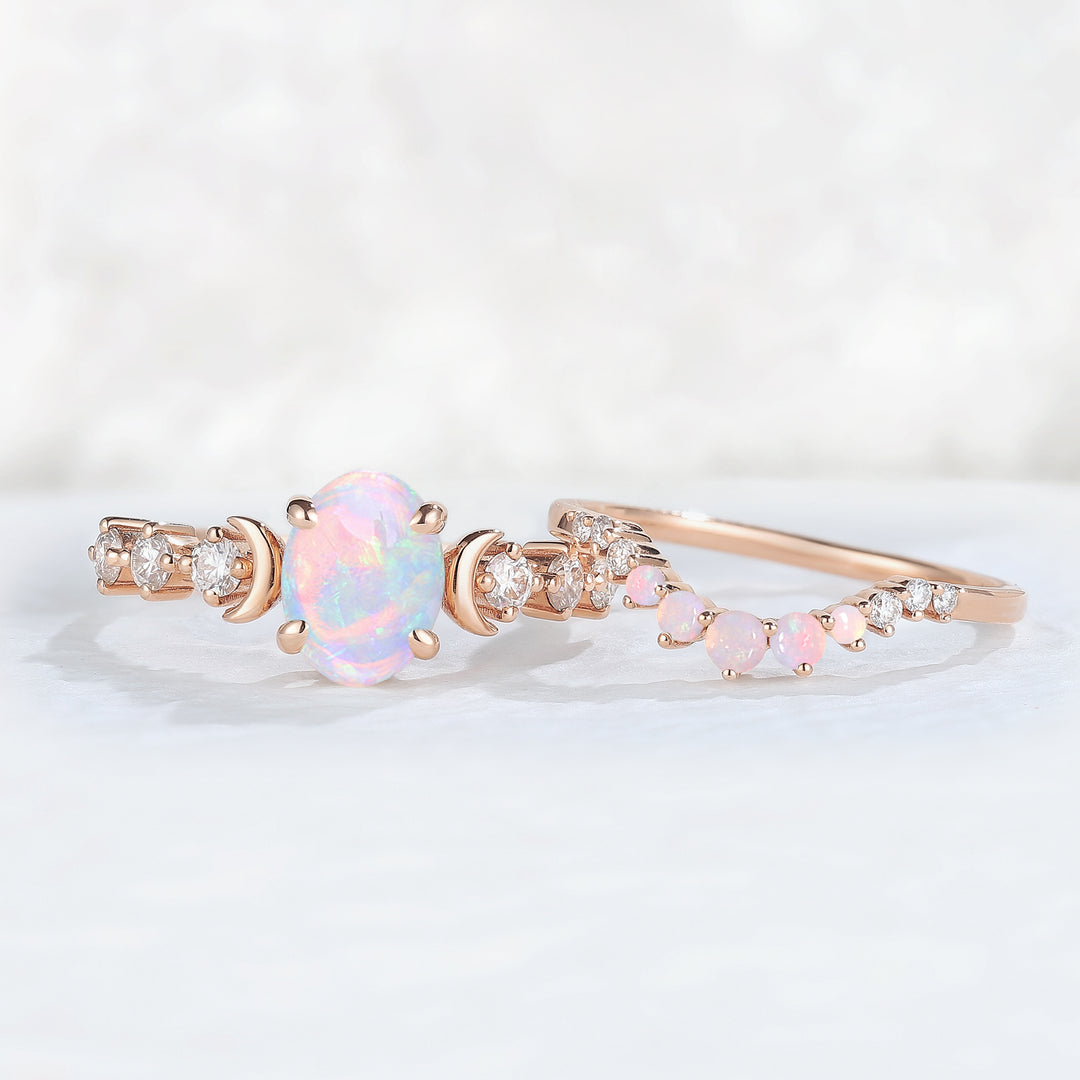IverJewelry Oval Opal Moon Seven Stone Gemstone Ring Set 2pcs