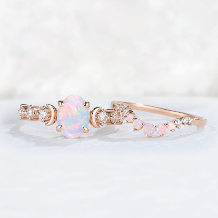 IverJewelry Oval Opal Moon Seven Stone Gemstone Ring Set 2pcs