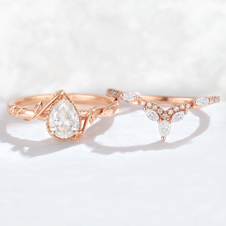 Iver Jewelry Nature Pear Shaped Moissanite Leaf Gemstone Ring Set 2pcs