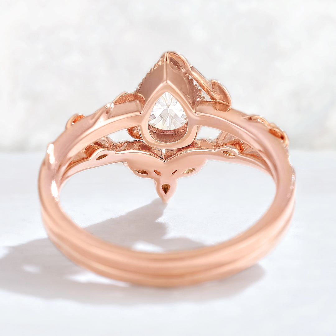 Iver Jewelry Nature Pear Shaped Moissanite Leaf Gemstone Ring Set 2pcs