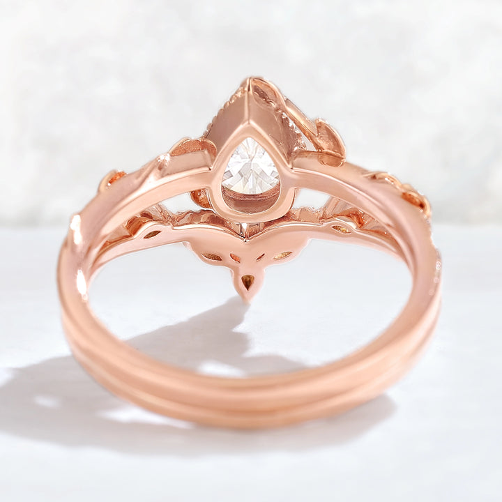 Iver Jewelry Nature Pear Shaped Moissanite Leaf Gemstone Ring Set 2pcs