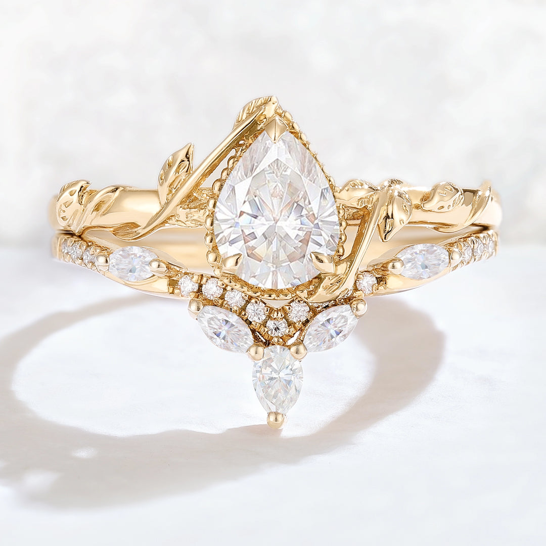 Iver Jewelry Nature Pear Shaped Moissanite Leaf Gemstone Ring Set 2pcs