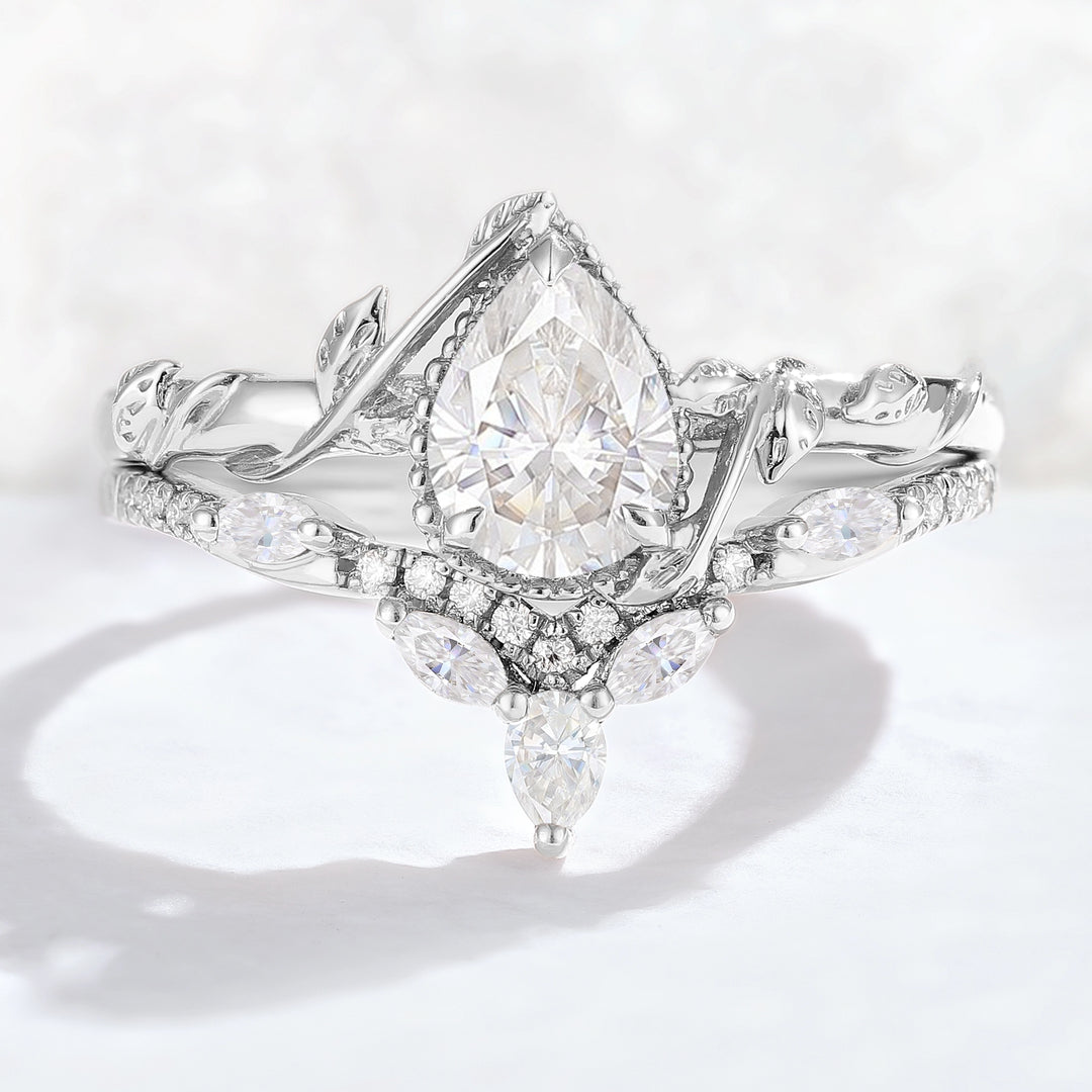 Iver Jewelry Nature Pear Shaped Moissanite Leaf Gemstone Ring Set 2pcs