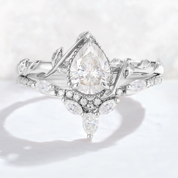 Iver Jewelry Nature Pear Shaped Moissanite Leaf Gemstone Ring Set 2pcs