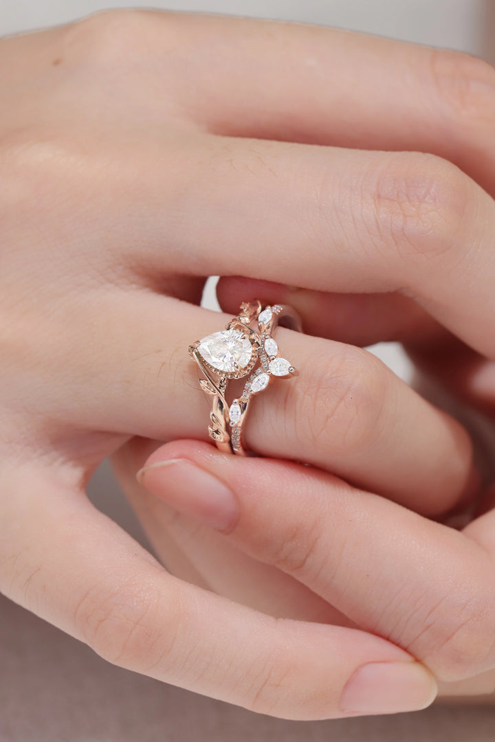 Iver Jewelry Nature Pear Shaped Moissanite Leaf Gemstone Ring Set 2pcs