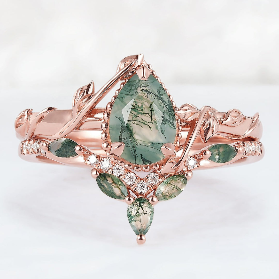 Iver Jewelry Nature Pear Shaped Moss Agate Leaf Engagement Ring Set 2pcs-1