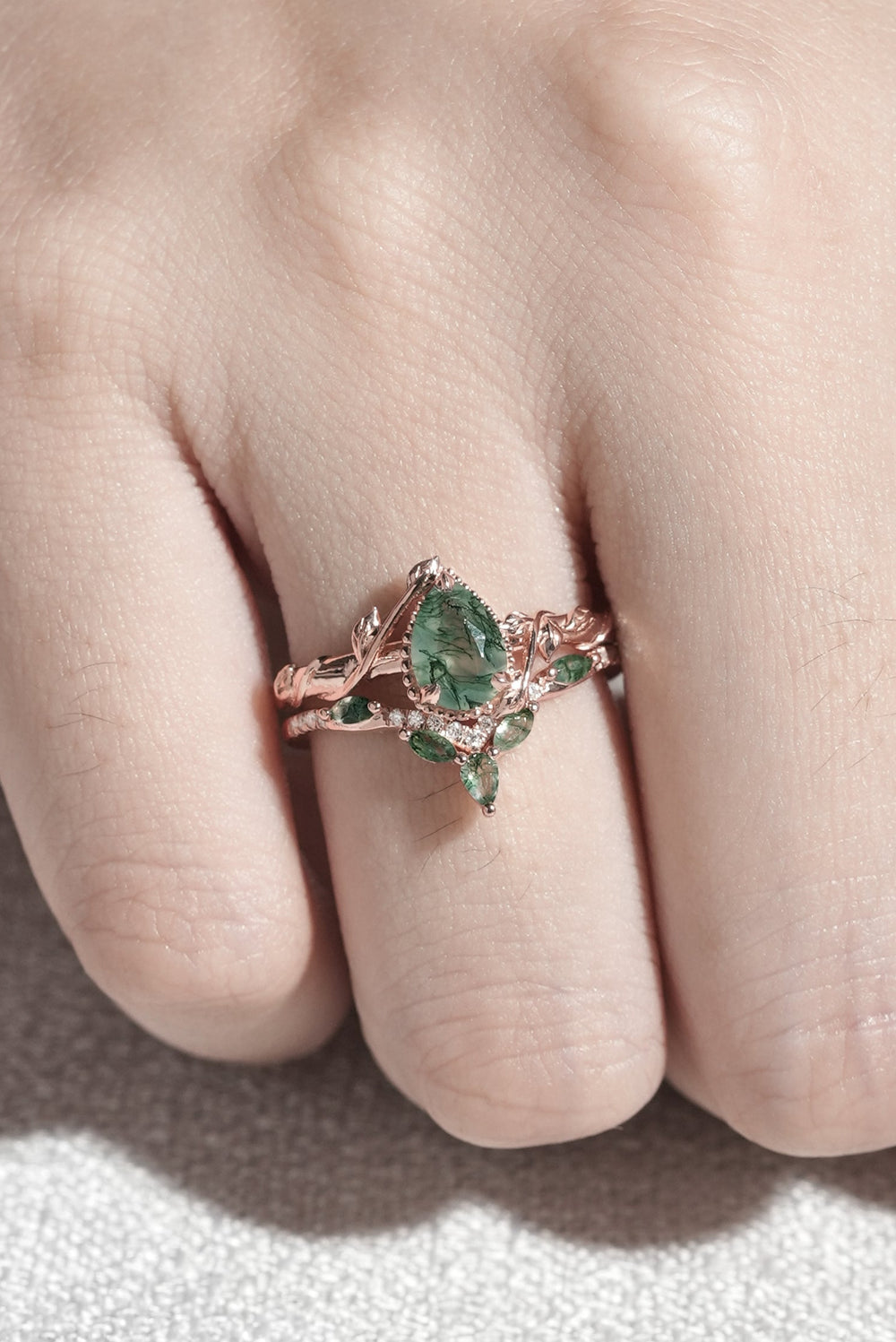 Iver Jewelry Nature Pear Shaped Moss Agate Leaf Engagement Ring Set 2pcs-2