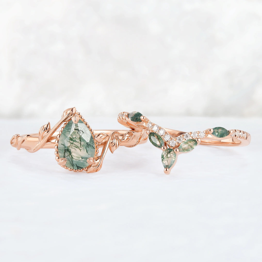 Iver Jewelry Nature Pear Shaped Moss Agate Leaf Gemstone Ring Set 2pcs