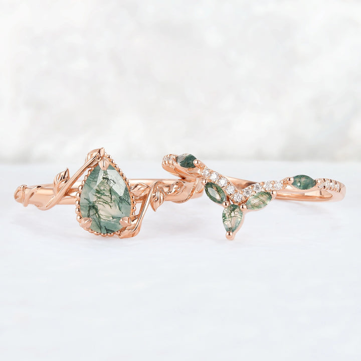 Iver Jewelry Nature Pear Shaped Moss Agate Leaf Gemstone Ring Set 2pcs