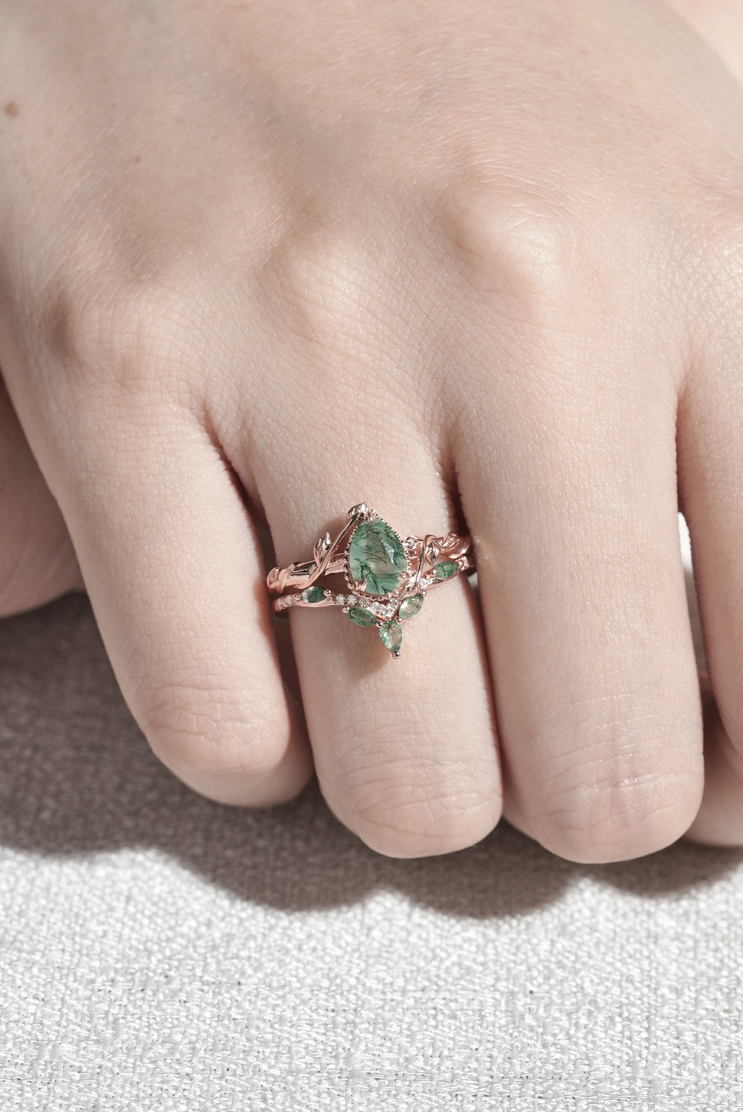 Iver Jewelry Nature Pear Shaped Moss Agate Leaf Gemstone Ring Set 2pcs