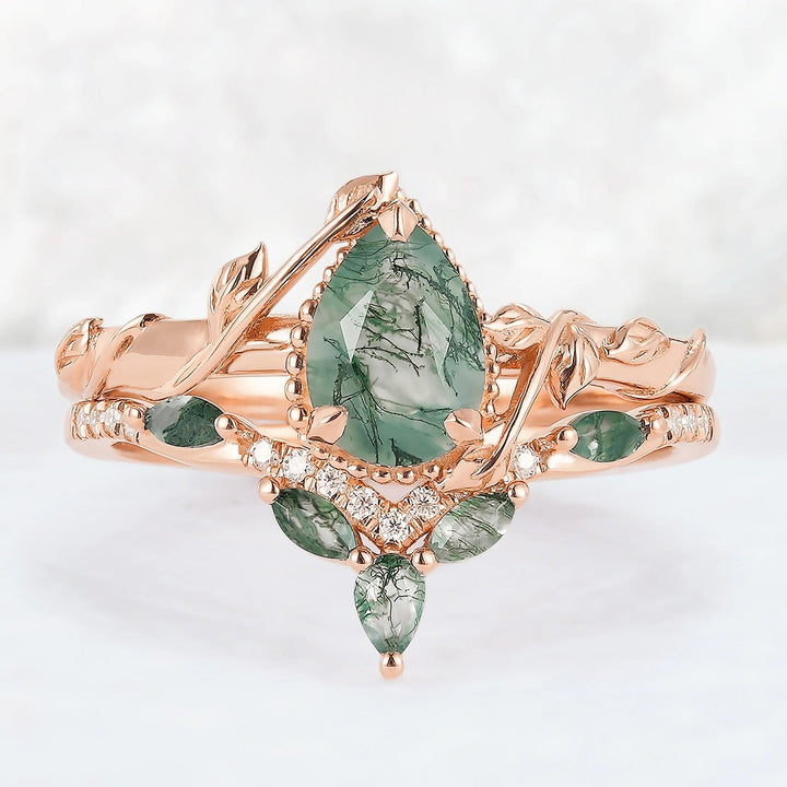 Iver Jewelry Nature Pear Shaped Moss Agate Leaf Gemstone Ring Set 2pcs