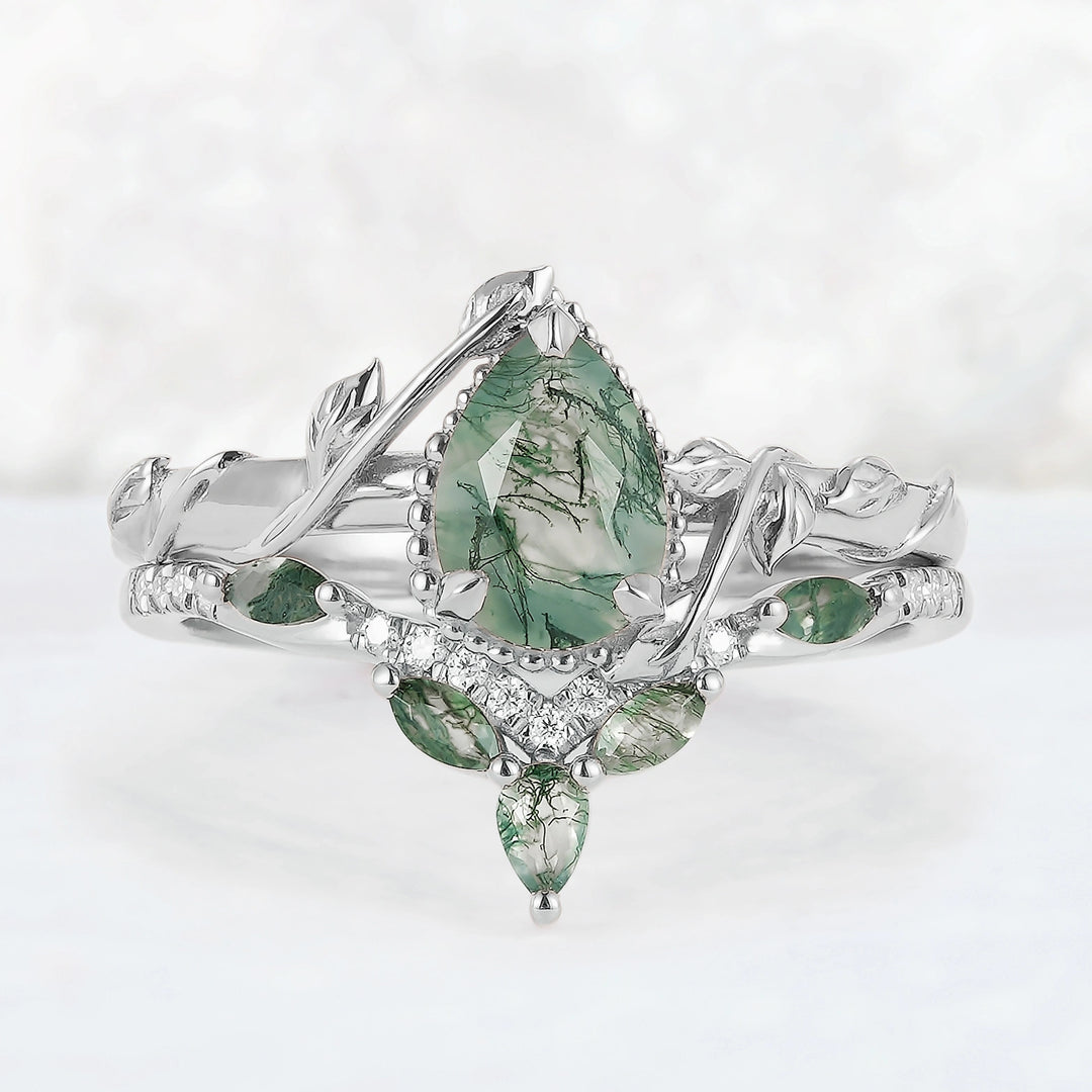 Iver Jewelry Nature Pear Shaped Moss Agate Leaf Gemstone Ring Set 2pcs